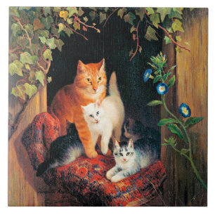 Cat with Kittens, fine art painting, Ceramic Tile