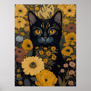 Cat with large eyes in front of flowers #2 poster