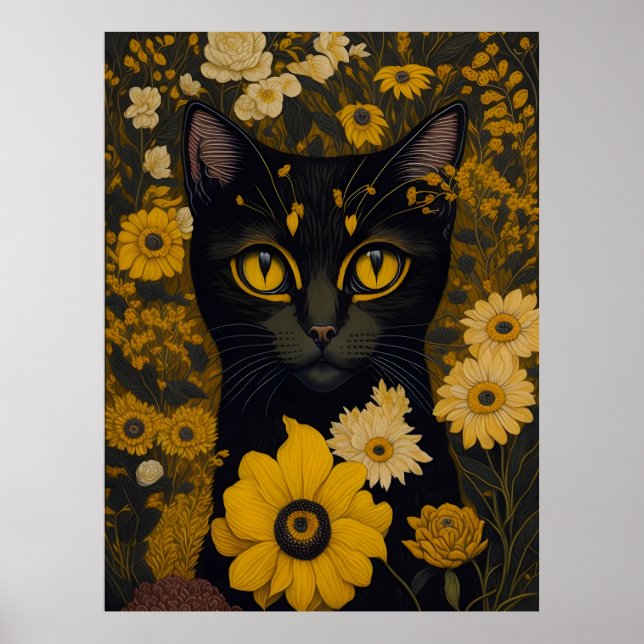 Cat with large eyes in front of flowers poster (Front)