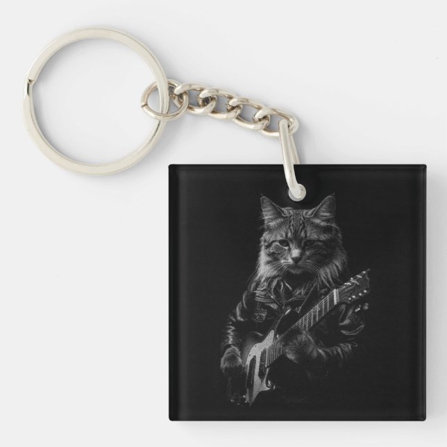 Cat with leather Jacket playing electric guitar  Key Ring (Front)