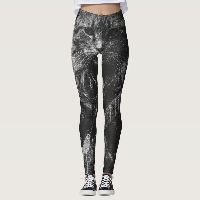 Cat with leather Jacket playing electric guitar  Leggings (Front)