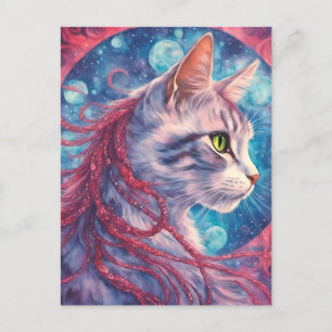 Cat with long pink hair braids  postcard