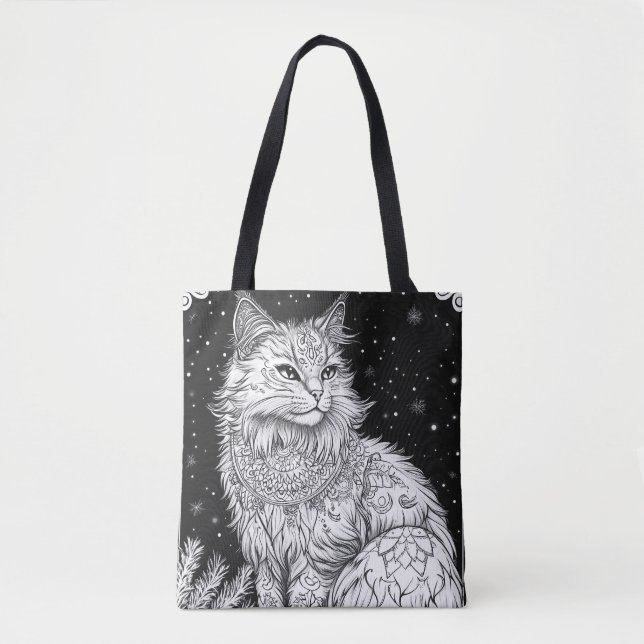 Cat with Mandala under magical starry sky Tote Bag (Front)