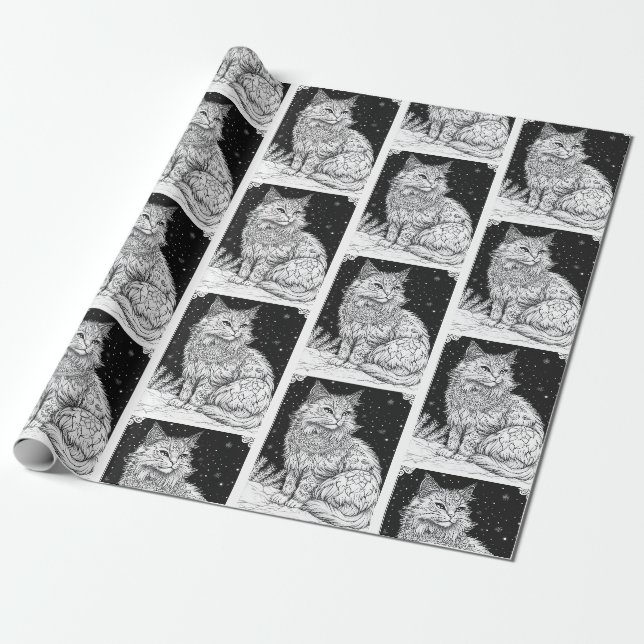 Cat with Mandala under the stars Wrapping Paper (Unrolled)