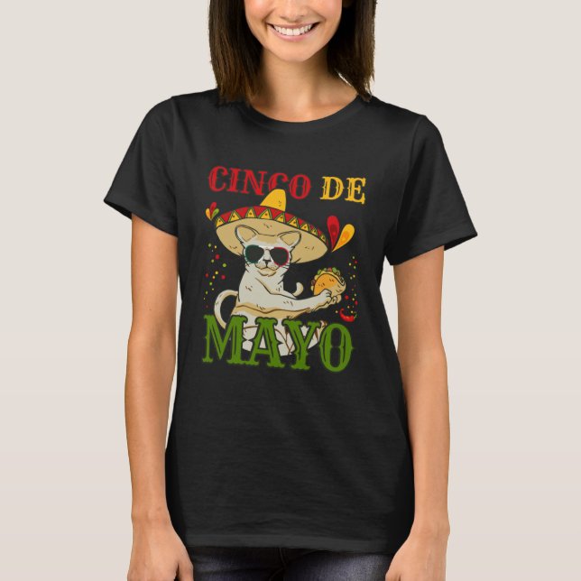 Cat With Mexican Hat And Taco  5 Cinco De Mayo T-Shirt (Front)