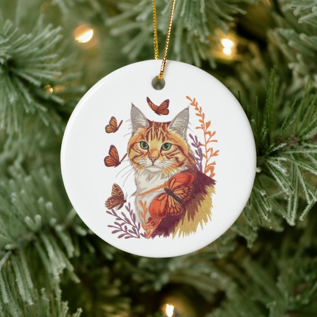 Cat with Monarch Butterflies Ceramic Ornament (Tree)