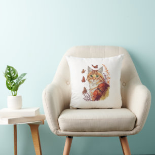 Cat with Monarch Butterflies Cushion