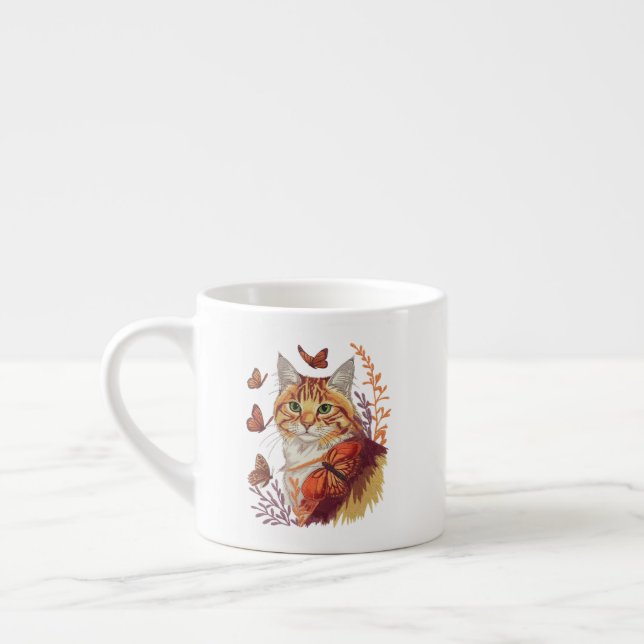 Cat with Monarch Butterflies Espresso Cup (Left)