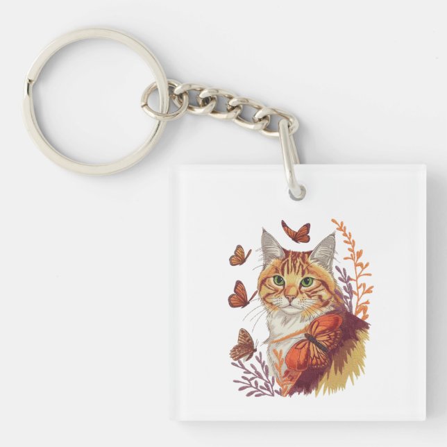 Cat with Monarch Butterflies Key Ring (Front)