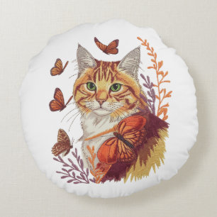 Cat with Monarch Butterflies Round Cushion