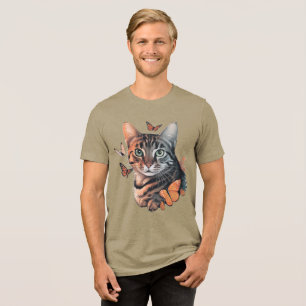 Cat with Monarch Butterflies Tri-Blend Shirt