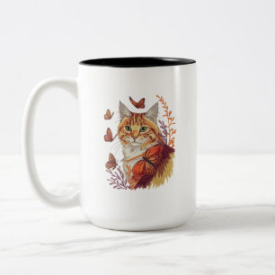 Cat with Monarch Butterflies Two-Tone Coffee Mug