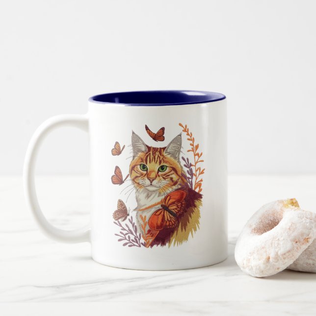 Cat with Monarch Butterflies Two-Tone Coffee Mug (With Donut)