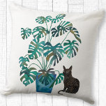 Cat with Monstera Plant Watercolor Cushion<br><div class="desc">Modern watercolor painting of a little black cat sitting by a Monstera Deliciosa or Swiss Cheese plant in a turquoise blue pot.  Original art by Nic Squirrell. Great for cat and houseplant lovers.</div>