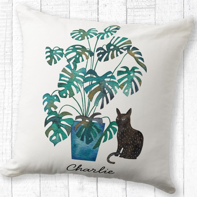 Cat with Monstera Plant Watercolor Personalised Cushion (Cat with Monstera Swiss Cheese Plant watercolor personalized name throw pillow)