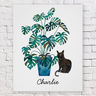 Cat with Monstera Plant Watercolor Personalised Poster