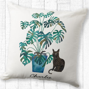 Cat with Monstera Plant Watercolor Personalized Cushion