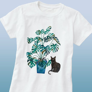 Cat with Monstera Plant Watercolor T-Shirt