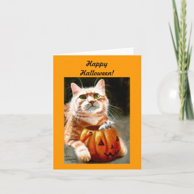Cat with Mouse in Pumpkin Happy Halloween! Card (Front)
