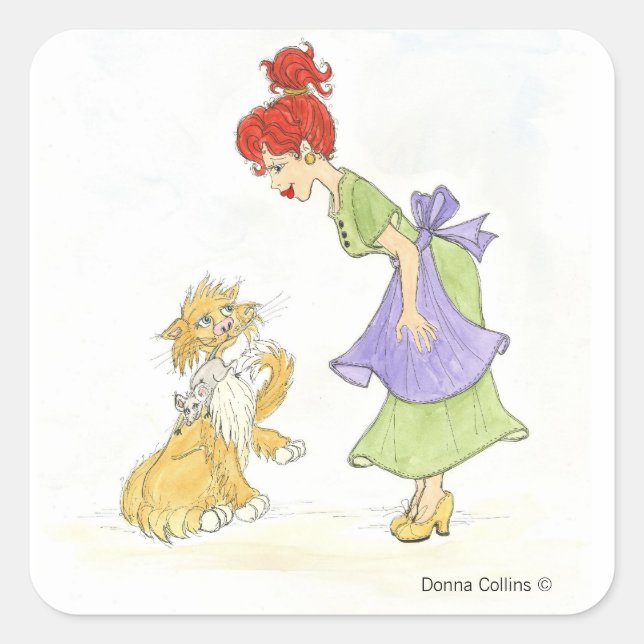 Cat with mouse square sticker (Front)