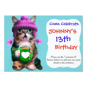 Cat with mug - cat coffee cup - cute kittens invitation