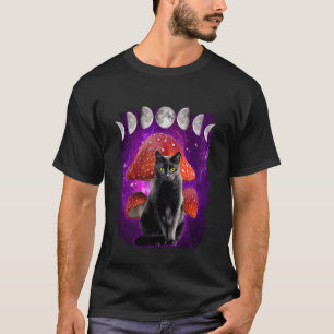 Cat with Mushroom Moon Phases in Space Funny Black T-Shirt