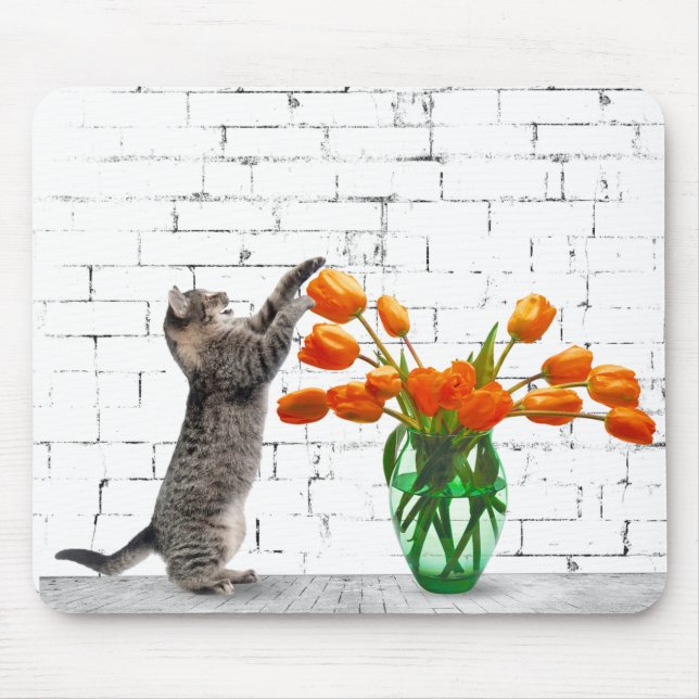 Cat with Orange Tulip Bouquet Mousepad (Front)