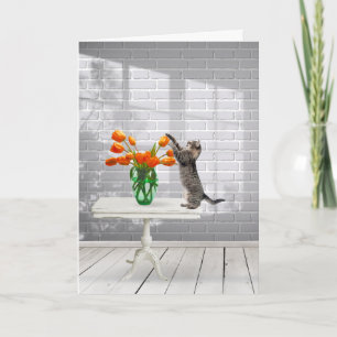 Cat with Orange Tulips Birthday Card