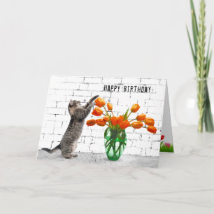 Cat with Orange Tulips Birthday Card