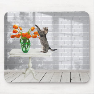 Cat with Orange Tulips Mouse Pad