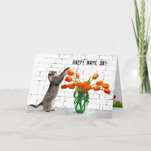 Cat with Orange Tulips Name Day Card (Front)