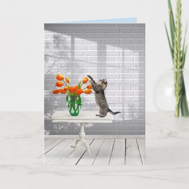 Cat with Orange Tulips Name Day Card (Front)