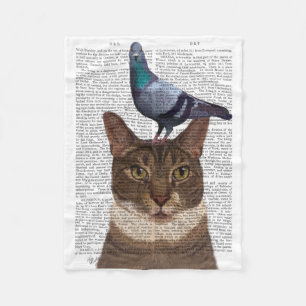 Cat with Pigeon on Head Fleece Blanket