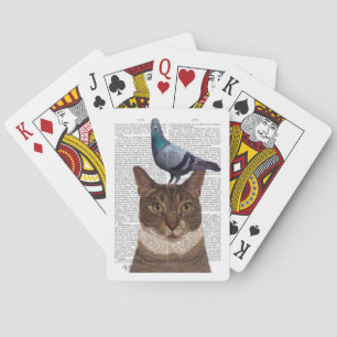 Cat with Pigeon on Head Playing Cards
