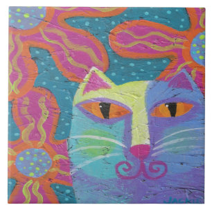 Cat with Pink Flowers Abstract Painting Ceramic Tile