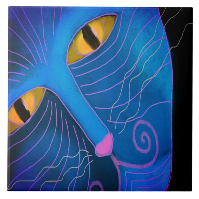 Cat with Pink Nose Abstract Painting Ceramic Tile (Front)