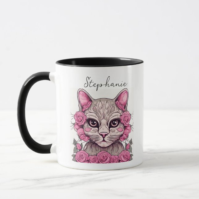 Cat with Pink Roses Coffee Mug (Left)