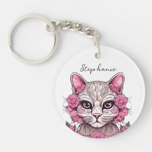Cat with Pink Roses Personalised Keychain