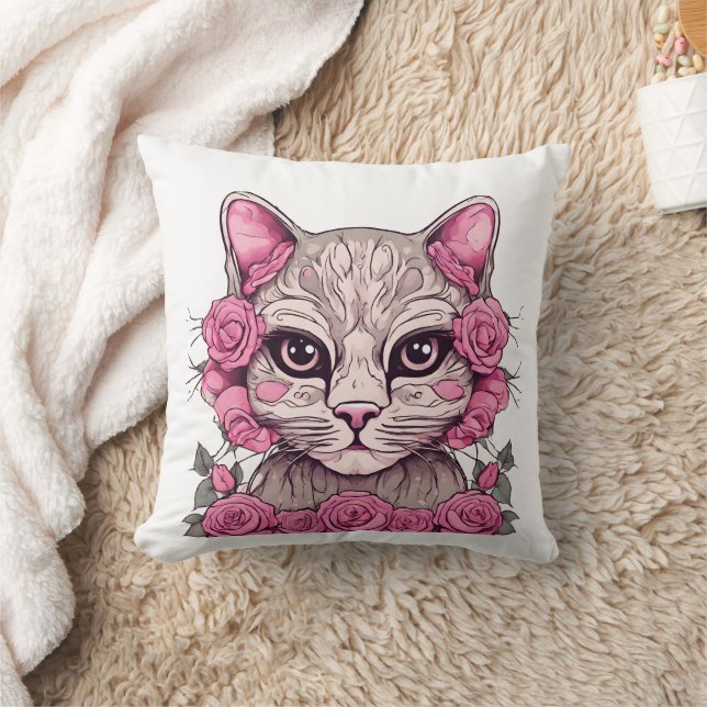 Cat with Pink Roses Throw Pillow (Blanket)