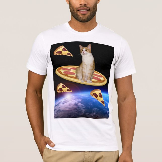 CAT WITH PIZZA IN SPACE funny T-shirts (Front)