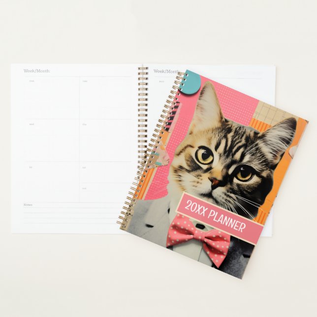 Cat with polka dot bow tie collage planner (Display)
