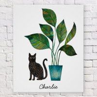 Cat with Potted Plant Watercolor Personalised