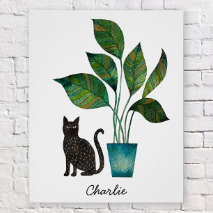 Cat with Potted Plant Watercolor Personalised Poster