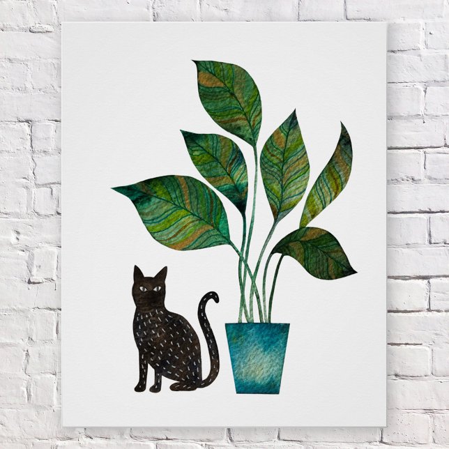 Cat with Potted Plant Watercolor Poster (Black cat with houseplant watercolor poster)