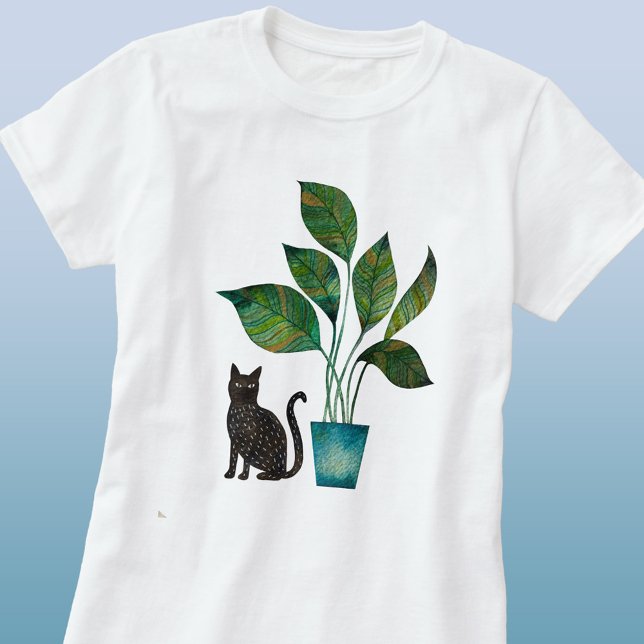 Cat with Potted Plant Watercolor T-Shirt (Cat with potted house plant watercolor art t-shirt)