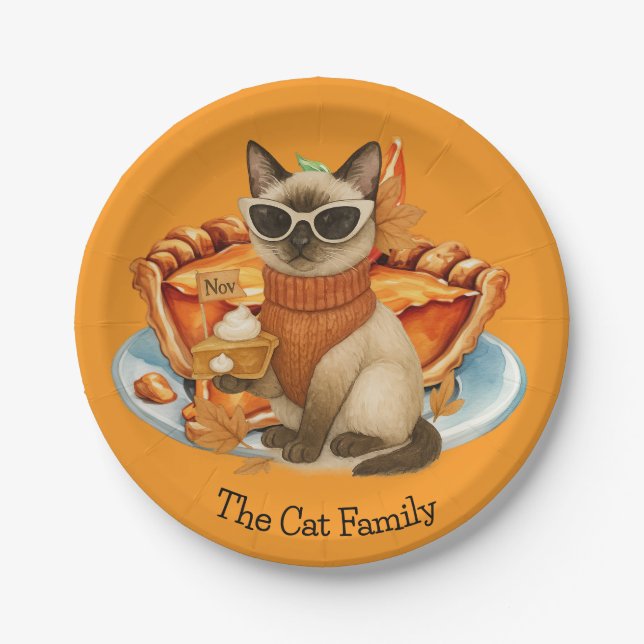 Cat with Pumpkin Pie for Thanksgiving Party  Paper Plate (Front)