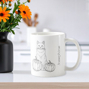 Cat With Pumpkins Minimal Fall Line Art And Name Coffee Mug