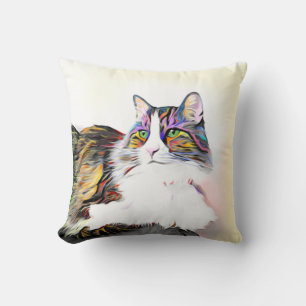 Cat with rainbow fur, stylised hand painted photo cushion