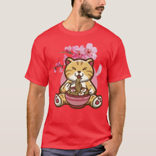 Cat with Ramen Noodles and Sakura Cherry Blossom T-Shirt