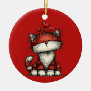 Cat with Red Hearts Cute and Fun Ceramic Ornament